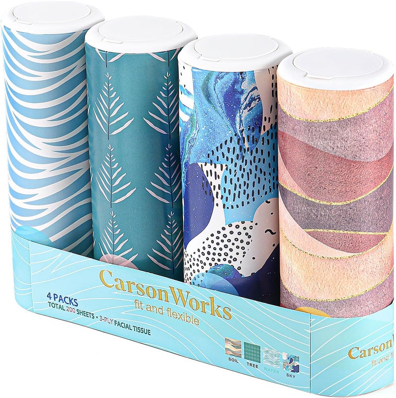CarsonWorks Car Tissues Cylinder 4 Packs Round Tissue Box Holder Fit for Car Cup Holder, Home Small Tissue Dispenser with Facial Tissues for Car Bathroom Office Travel - Image 1